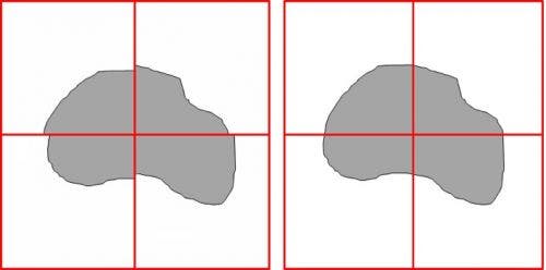 未補正の動き（左）と補正済みの動き（右）