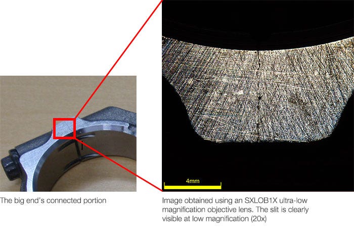 빅 엔드의 연결부, SXLOB1X 초저배율 대물 렌즈를 사용하여 획득한 이미지. 저배율(20x)에서도 슬릿을 선명하게 관찰 가능