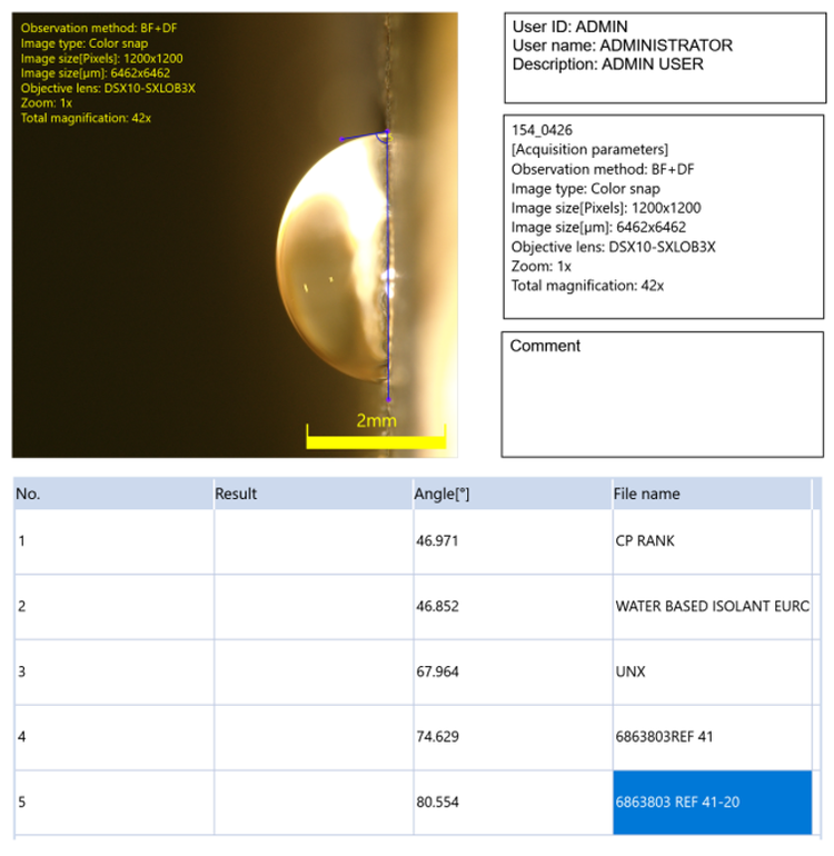 DSX1000 소프트웨어에서 생성된 접촉 측정 및 분석 보고서