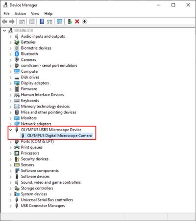 Make sure the camera driver is listed as “OLYMPUS Digital Microscope Camera” in the Device Manager.