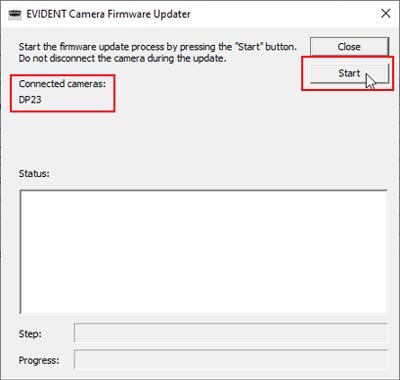 The Firmware updater will list “DP23”. Click the [Start] button to initiate the firmware update. Please connect DP23 to AOU if “DP23” is not displayed.