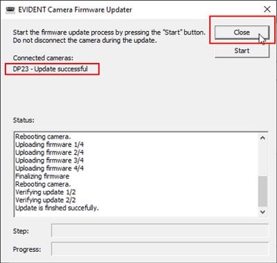 After the firmware update is successfully completed, click the [Close] button to exit the firmware updater