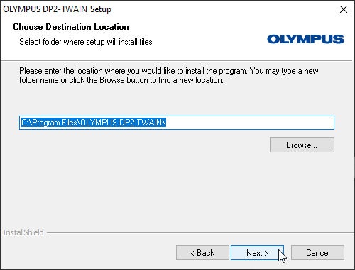 8) [Choose Destination Location] will appear. If you need to change the location for DP2-TWAIN installation, click the [Browse...] button and select the desired folder. Click the [Next] button.