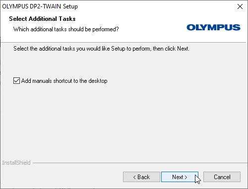 9) [Select Additional Tasks] will appear. Un-check Add manuals shortcut to the desktop if a shortcut is not required. Click the [Next] button to start installation.