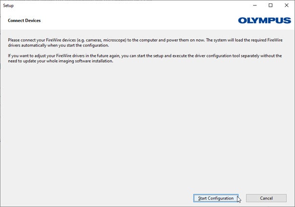 13) [Connect Devices] will appear. In case you wish to install a FireWire device, pleas connect it to the computer, power it on, and carry on by clicking the [Start Configuration] icon. Else wise you can click on [Cancel]. The [Setup] window will close, the installation is completed.
