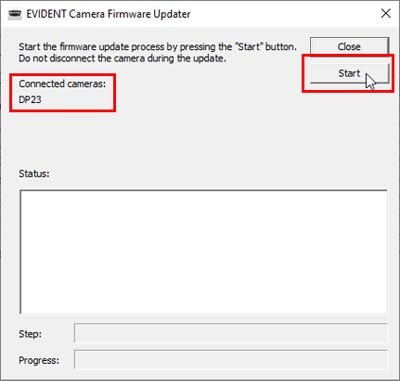 The Firmware updater will list all updatable cameras. Click the [Start] button to initiate the firmware update.