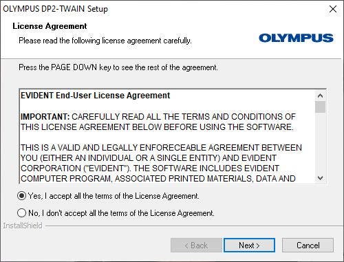4) [License Agreement] will appear. Read the EVIDENT END-USER LICENSE AGREEMENT. If you agree, select [Yes] and click the [Next] button.