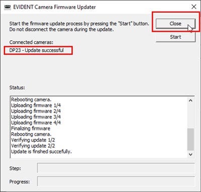 After the firmware update is successfully completed, click the [Close] button to exit the firmware updater