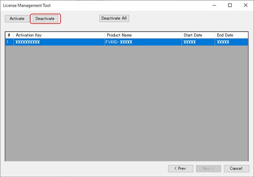When the list of activated licenses is displayed, select the license you want to deactivate and click the Deactivate button.