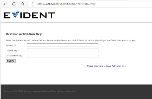 When the Reissue Activate Key page is displayed, enter the system ID of the new PC, license key, and deactivation key that you saved at deactivation steps 1–5, and click the Submit button.