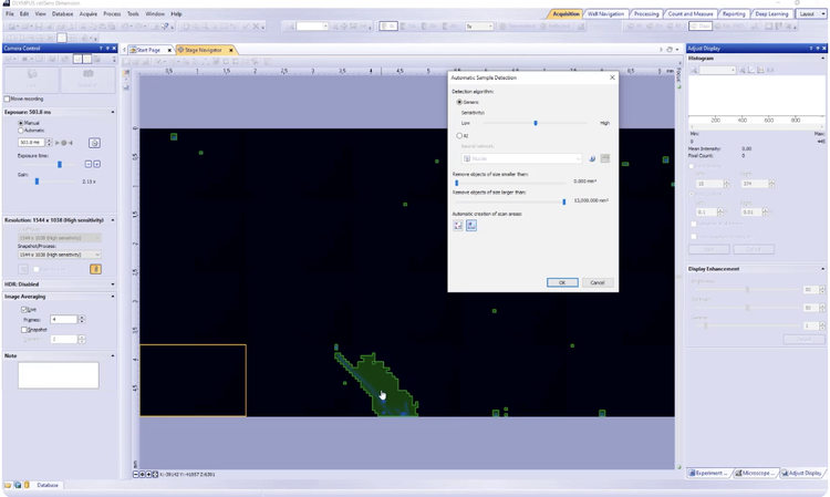 Abbildung 11: Das Video zeigt den Ablauf der Makro-zu-Mikro-Bildgebung in der cellSens Software für ein Weitfeldmikroskop.