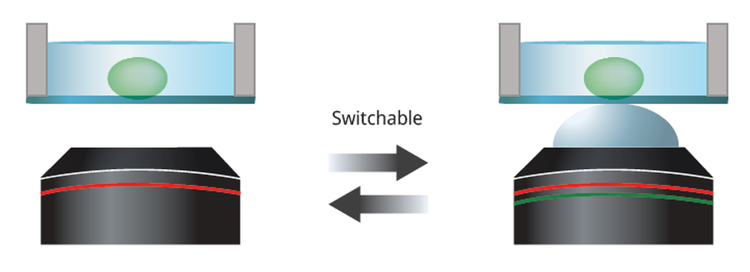 Dry (left) and silicone gel pad (right) objectives can be easily switched.
