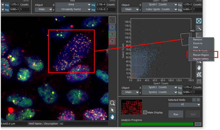 2D histogram in scanR showing a cell with an abnormal number of spots.