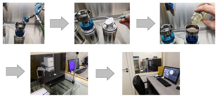 Example oil analysis process from sample prep to particle review. Image courtesy of Europafilter Norge