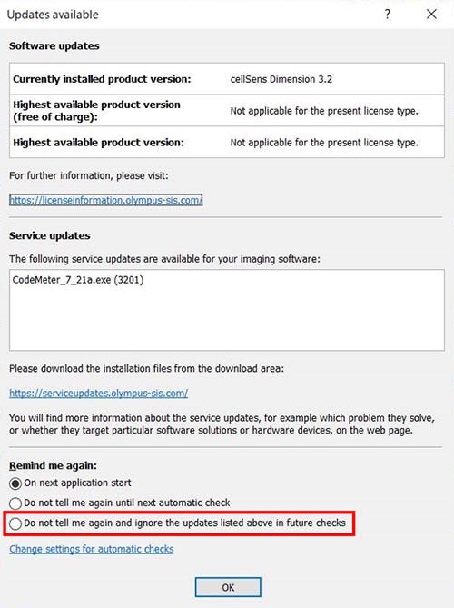 Select ‘Do not tell me again and ignore the updates listed above in future checks’ on the update notice dialog, then press OK.